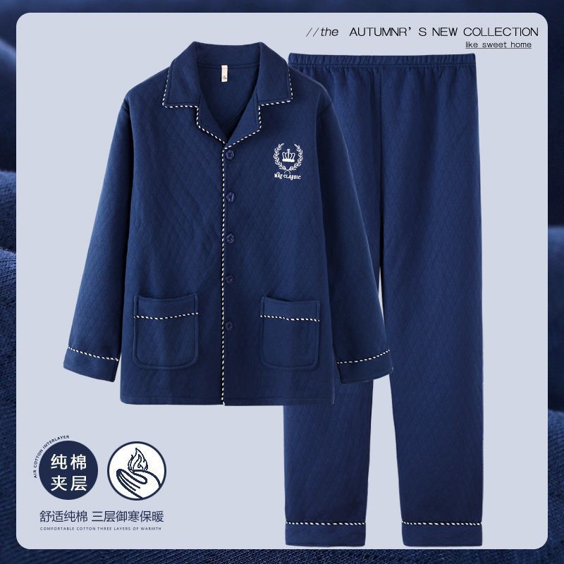 El otoño y el invierno 100% algodón espesado pijamas de los hombres de invierno capa intermediaria traje de primavera y otoño de algodón de aire desgaste del hogar