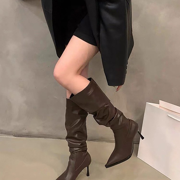 High-Heeled Pointed Toe Long Boots Women's Shoes 2025 New Autumn and Winter White Slim Stiletto Knight Mid-Length Boots