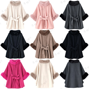 Cross-border hot sale autumn and winter lace-up Rex rabbit fur collar women's Cape shawl live broadcast French temperament loose plus size woolen coat
