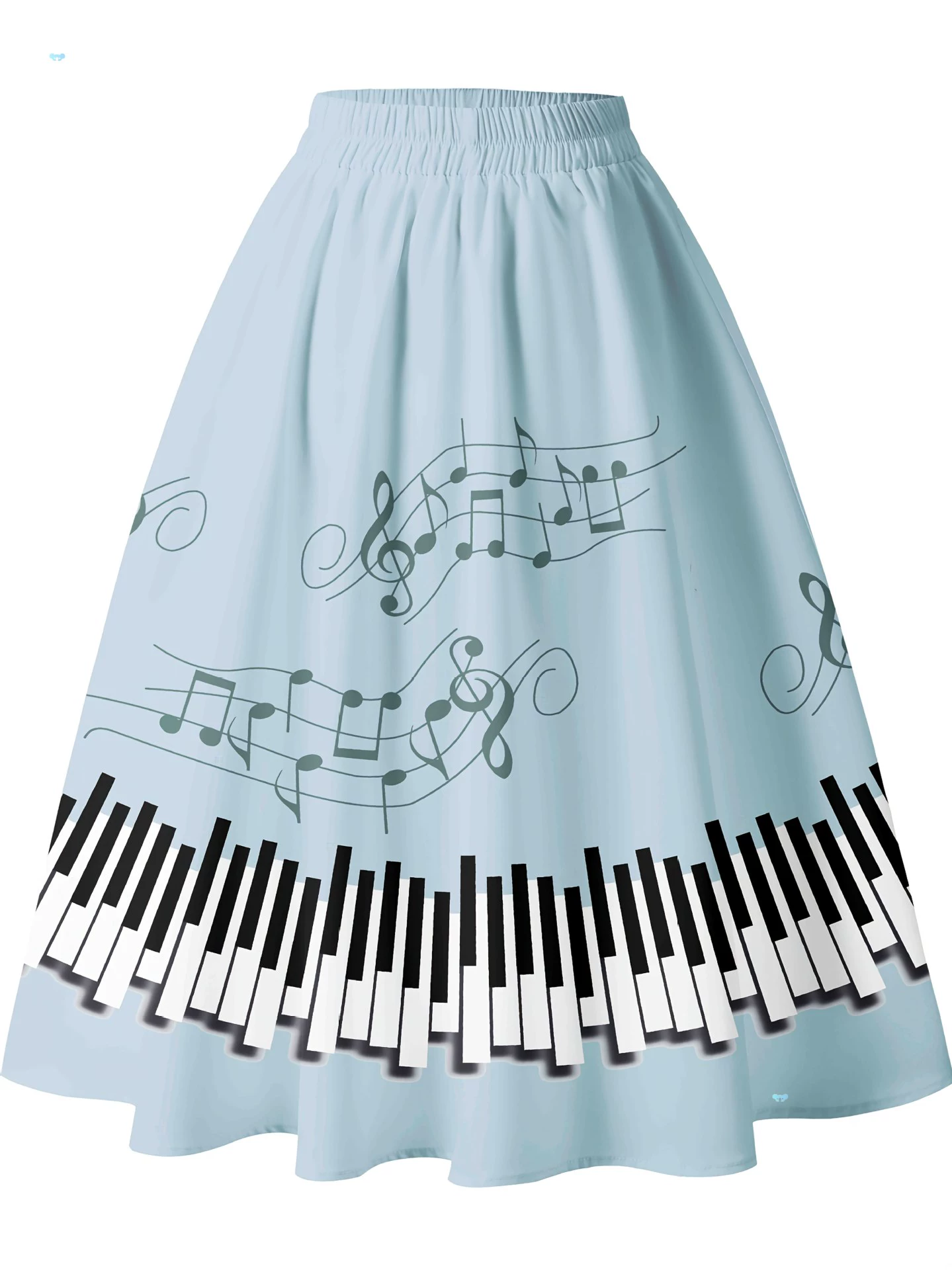 Женская синяя юбка трапециевидной формы с принтом музыкальных нот и эластичной резинкой на талии