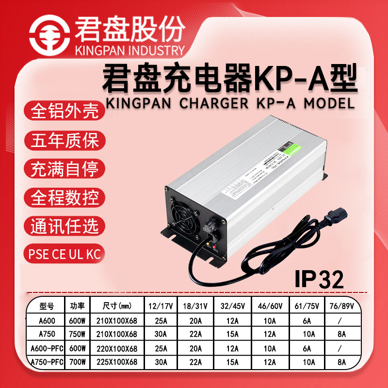 600W君盘KC/CE/PSE认证24V20A滑板车电瓶车充电器48V锂电池充电器