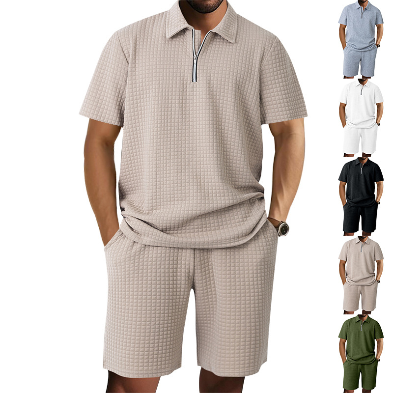25 Cross-border Amazon Summer New Men's Small Plaid Lel Polo Shirt Short-sleeved Shorts Casual Sports suit