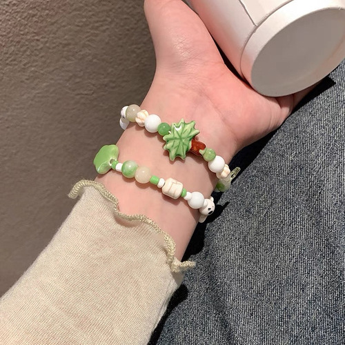Summer Colorful Ceramic Bead Flower Bracelet for Girls and Best Friends, Shoushan Stone Bamboo Joint Star Splicing Bracelet Accessory