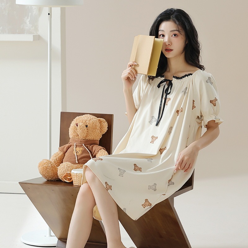 [7A antibacterial] cotton short-sleeved one-piece nightdress women's summer babydoll girl plus size can be worn outside cotton pajamas