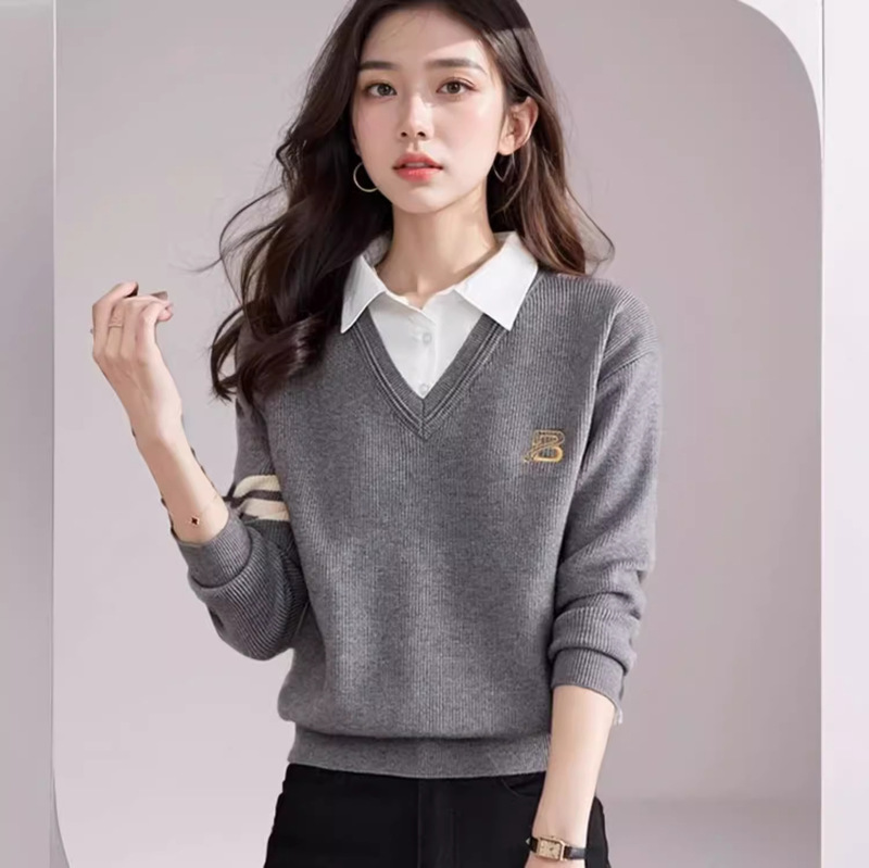 洋气假两件套上衣女秋冬款2025新款衬衫领针织打底衫休闲外穿毛衣|undefined