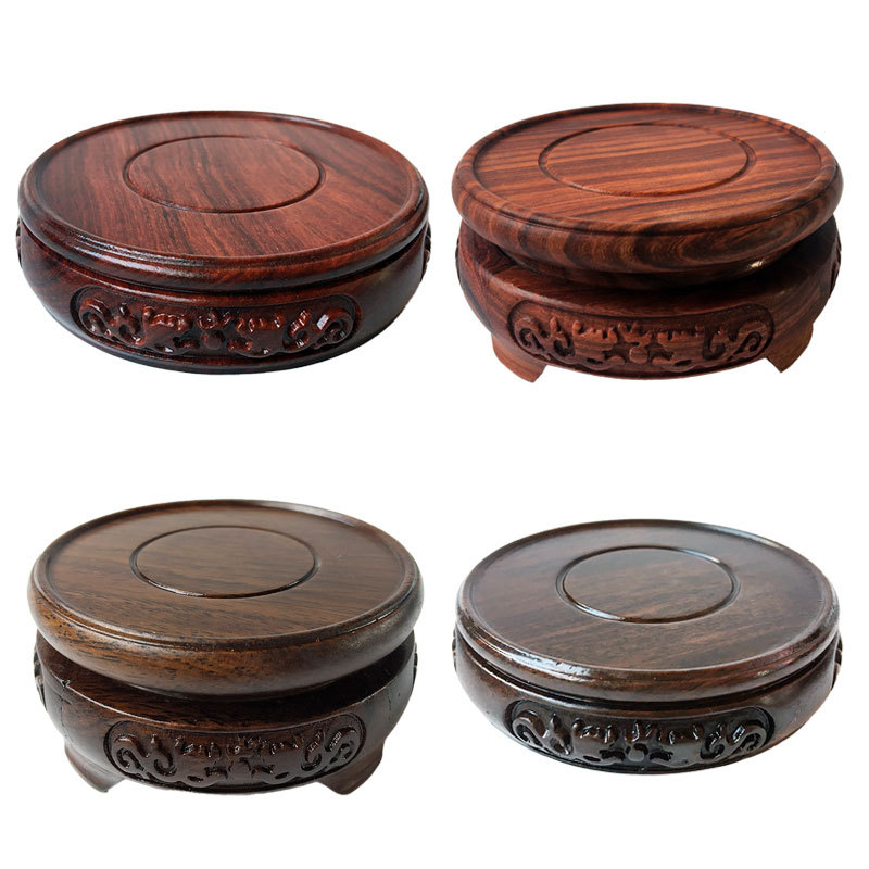 红木雕刻圆形底座玛瑙花瓶铜瓷器鱼缸奇玉石头摆件工艺品底座木托