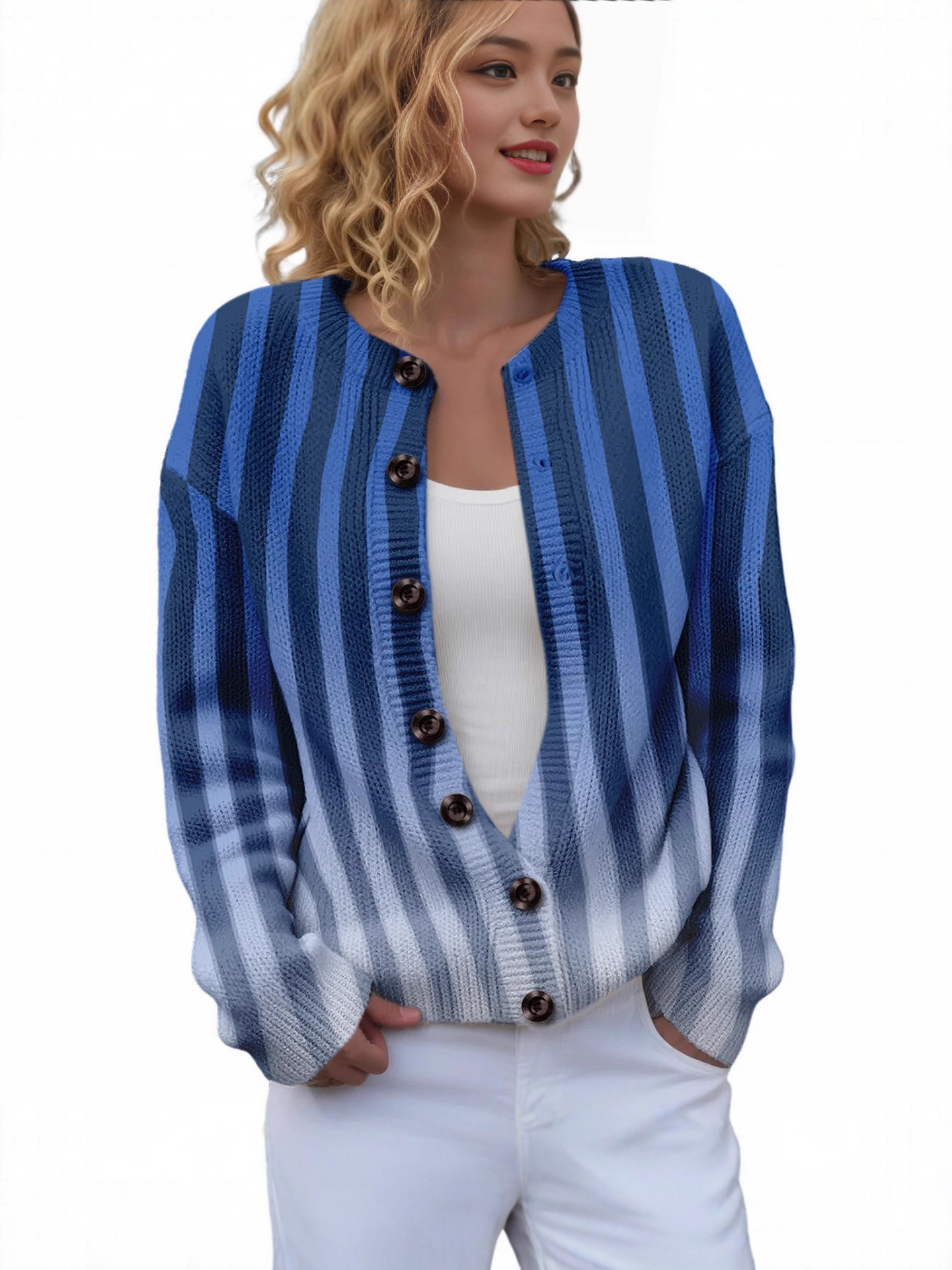 Jxx135-181 Round-Neck Cardigan Sweater with Print, Cross-Border Supply - Customer-Specific Link