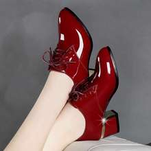 2025新款春秋季皮鞋女系带尖头中跟单鞋女粗跟黑色英伦风职业女鞋