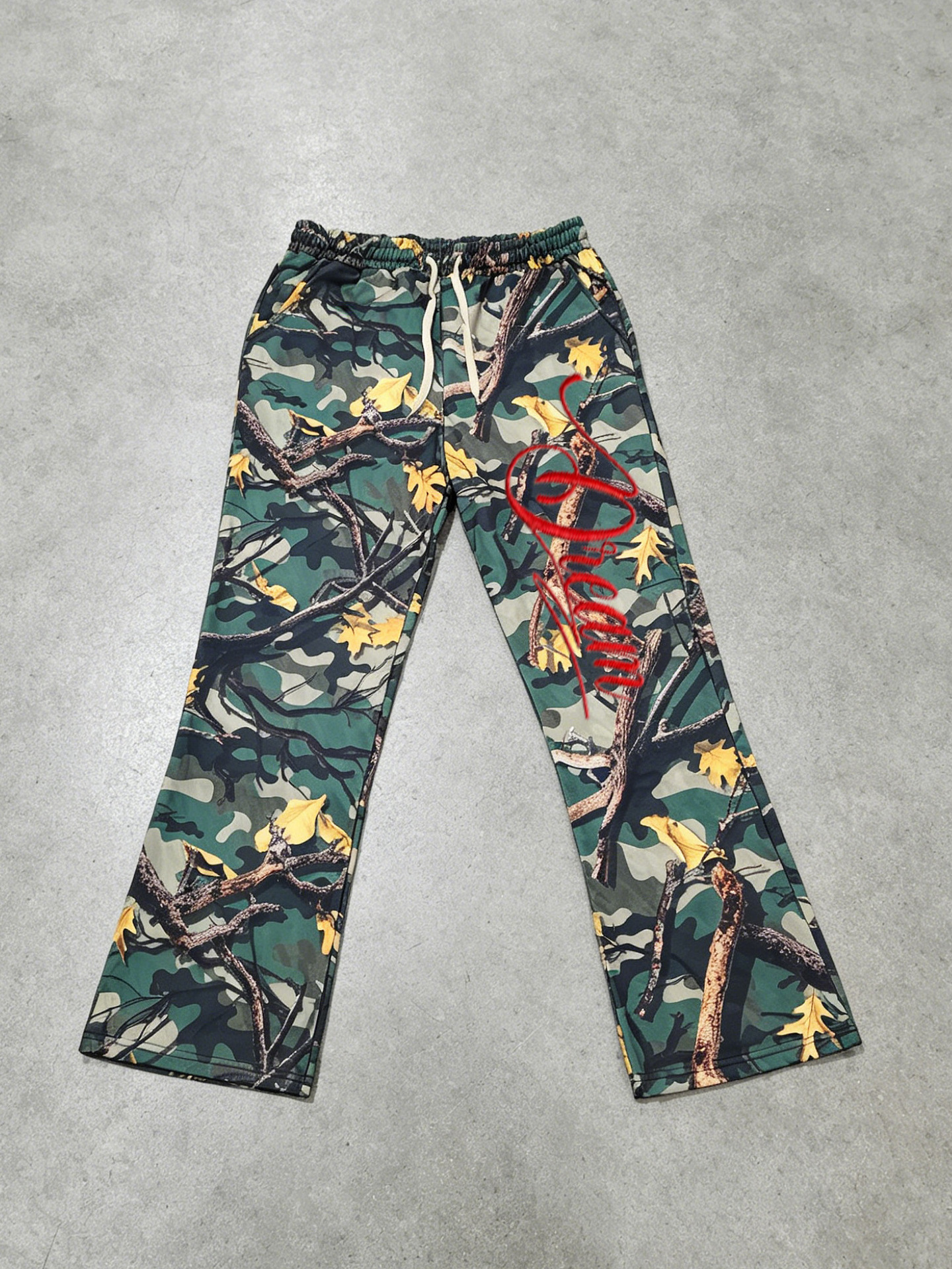 Men's Forest Camouflage Dream Embroidered Signature Two-Piece Set Hooded Sweatshirt And Flared Sweatpants_viptrois.com