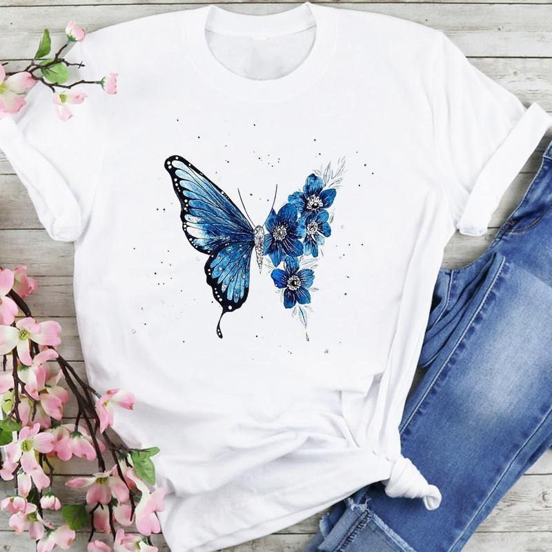 Short Sleeve foreign trade new fashion butterfly watercolor 202490's summer women's T-shirt female cartoon T-shirt