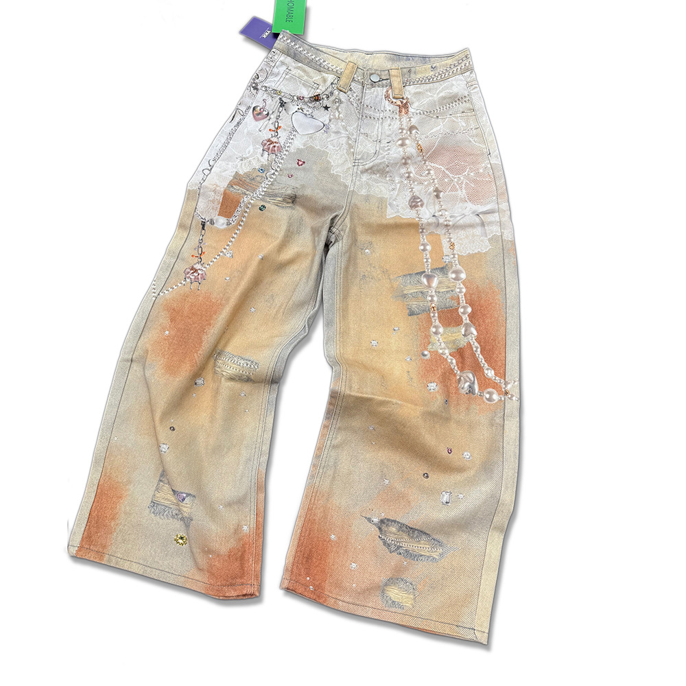 Erkek Punk Zincir 3D Dijital Baskılı Geniş Paça Kot Pantolon - Hipster Tarzı İçin Sokak Modası Eskitilmiş Yıkanmış Kot Pantolon_voghion.com