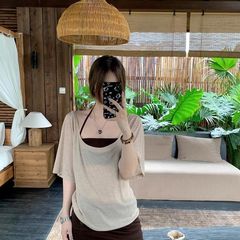 两件套装甜辣妹微透防晒罩衫遮肉短袖T恤女宽松上衣叠穿吊带背心