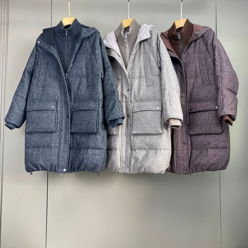 Nanyouhao 25 Autumn and Winter New Wool Gold Thread Hooded Single-Breasted Warm Mid-Length Goose down Jacket for Women