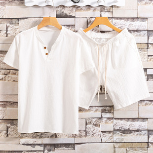 Cross-Border Men's Short-Sleeved Shorts Suit Export Summer Cotton and Linen Pure Color Men's T-Shirt Two-Piece Set A24
