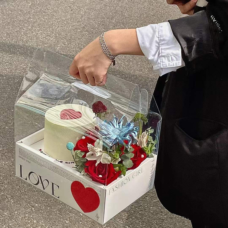 Caja de pastel de flores de estilo coreano de celebridades en línea caja de pastel de flores de amor transparente portátil de día de san valentín chino