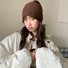 新款纯羊毛帽子女保暖休闲纯色百搭针织堆堆冷帽欧美韩版洋气帽子