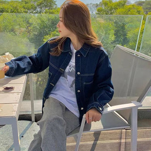 Denim coat women's spring and autumn Korean style retro bright line design bf dark blue loose all-match jacket trendy ins top