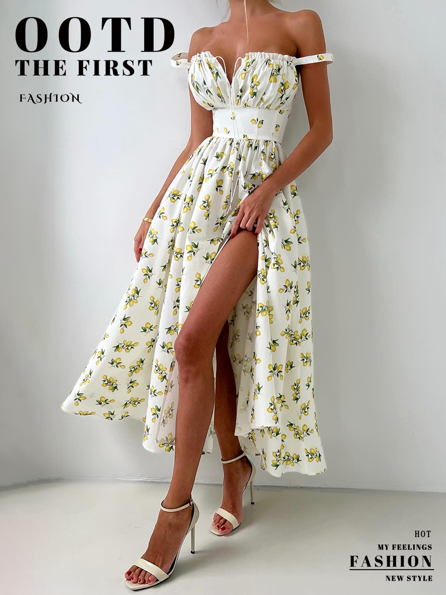 Cross-Border Floral Strap European And American 2025 Summer New Low Neck Tie Slit High Waist Printed Dress_ecoleips.com