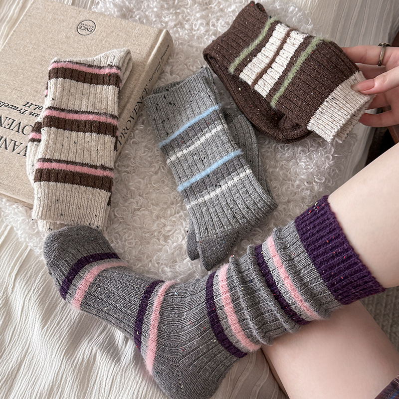 羊毛袜子女中筒袜秋冬粗线毛毛韩版ins潮加厚保暖条纹撞色堆堆袜