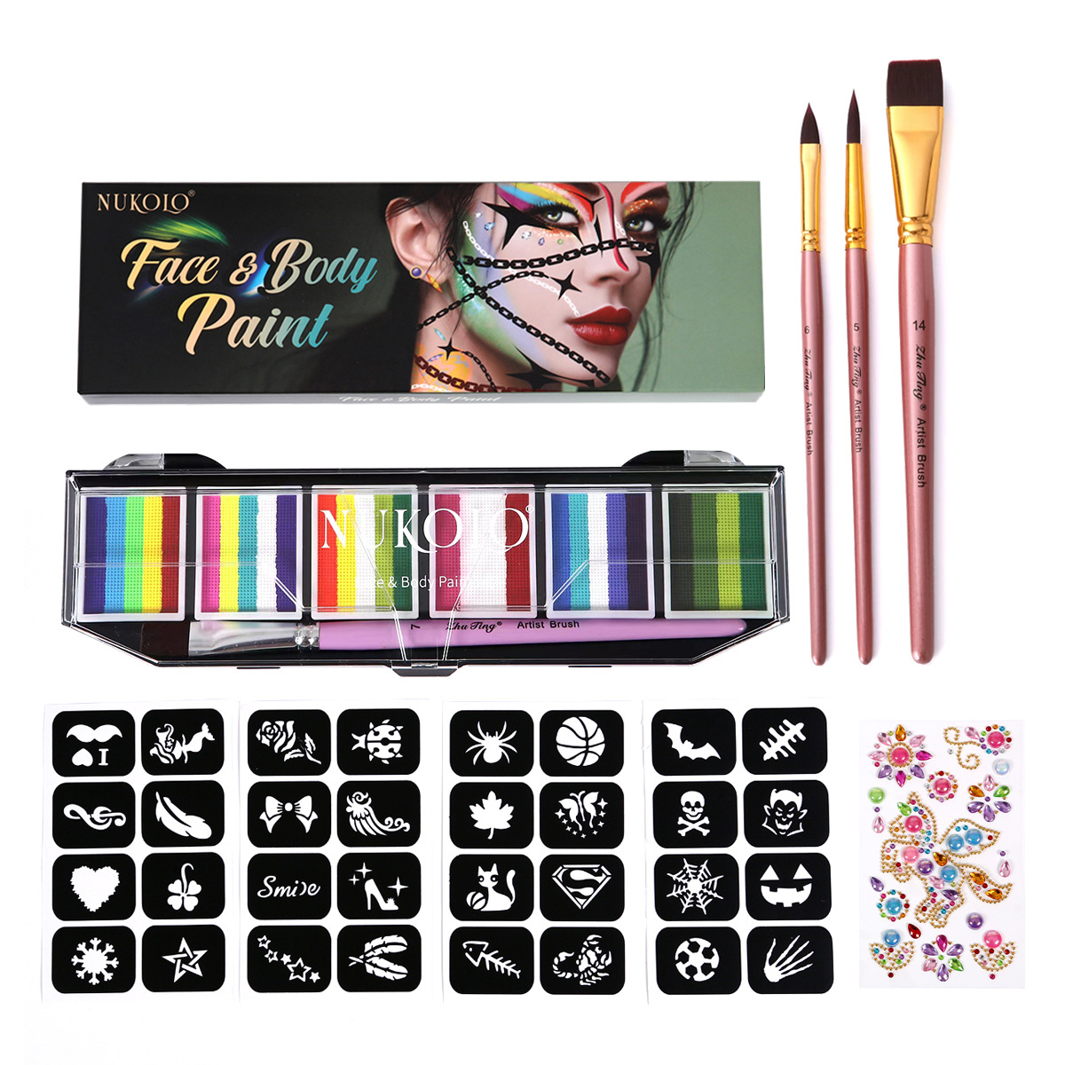 Ventas transfronterizas calientes 6 grupos de paleta de color de barra arcoíris conjunto acuoso cuerpo humano pintado pigmento de pintura facial pasta de color pigmento de acuarela