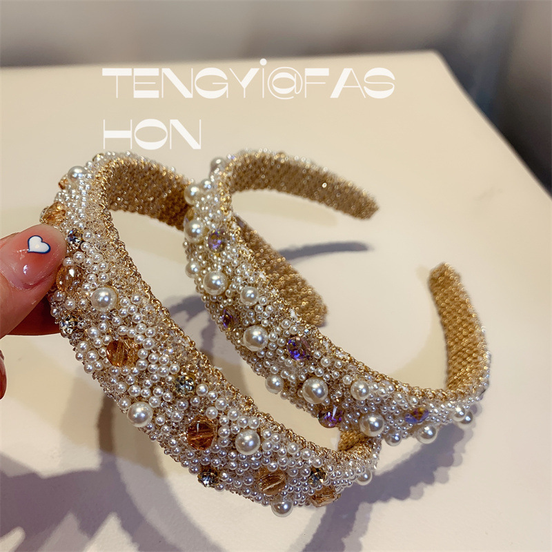 Women's Glam Korean Style Plaid Resin Inlay Crystal Pearl Hair Band display picture 9