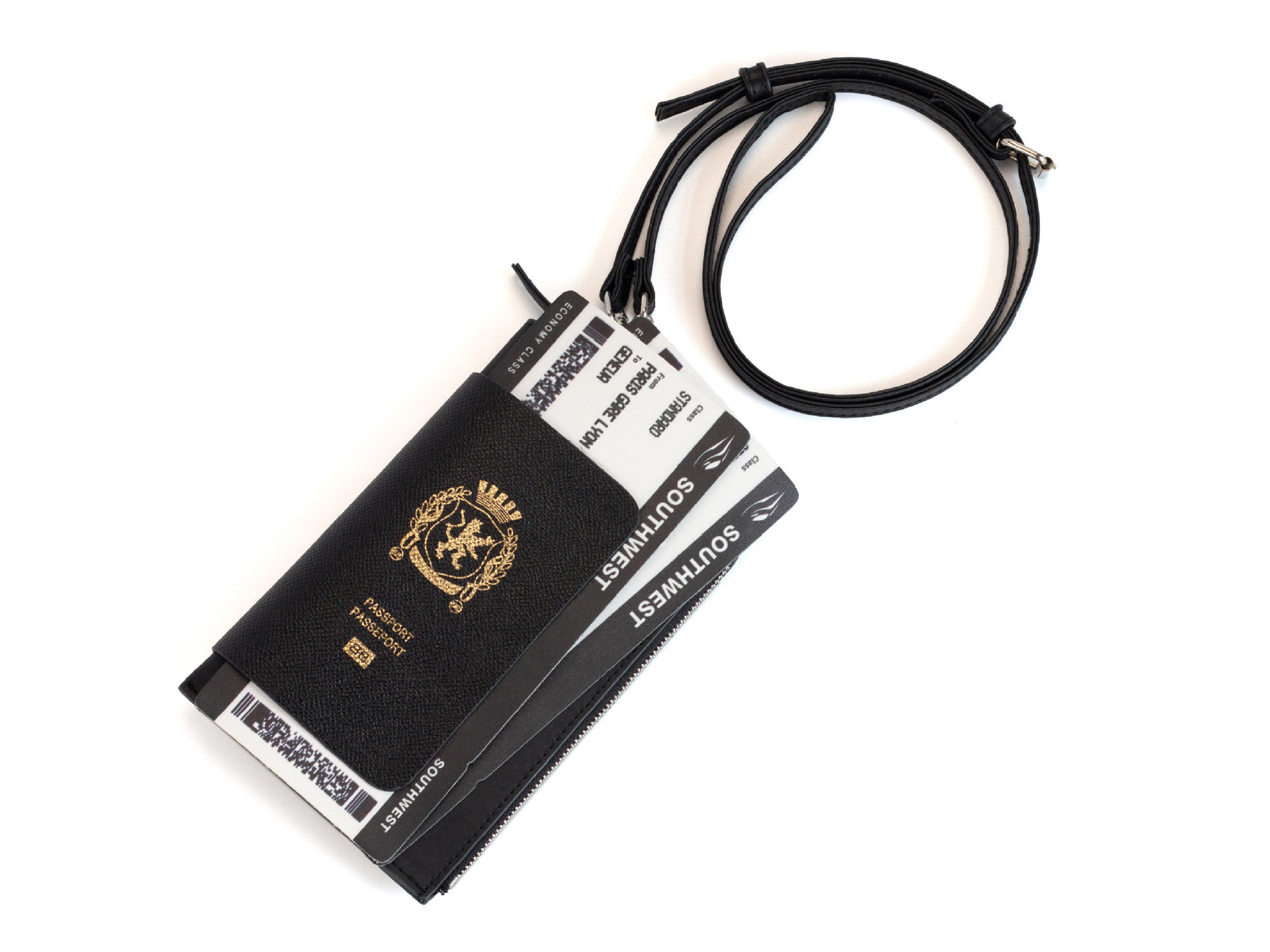 Schwarzes Reisepass-Etui elegante Kartentasche mit Hals-Umhänger