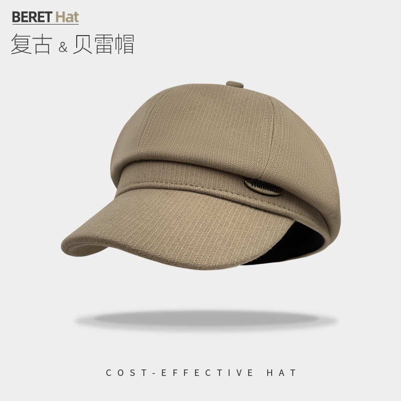 韩版金属标min八角帽子女秋冬季百搭画家报童帽显脸小鸭舌贝雷帽|undefined