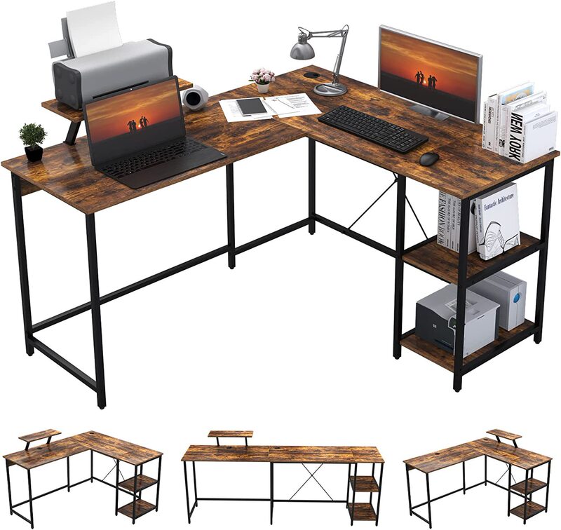 L Shaped Desk Corner Desk Dual Computer Desk Home Office Gaming Workstation with Monitor Stand