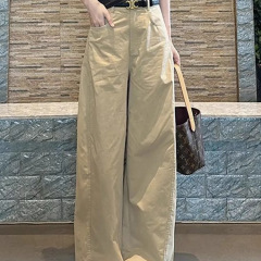 美式复古卡其色休闲裤女夏季新款宽松显瘦高腰直筒阔腿拖地长裤子