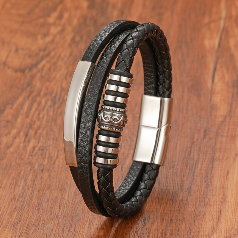 Cross-Border Retro Woven Men's Leather Bracelet Multi-Layer Design Bracelet Stainless Steel Magnetic Buckle Bracelet Ins Style