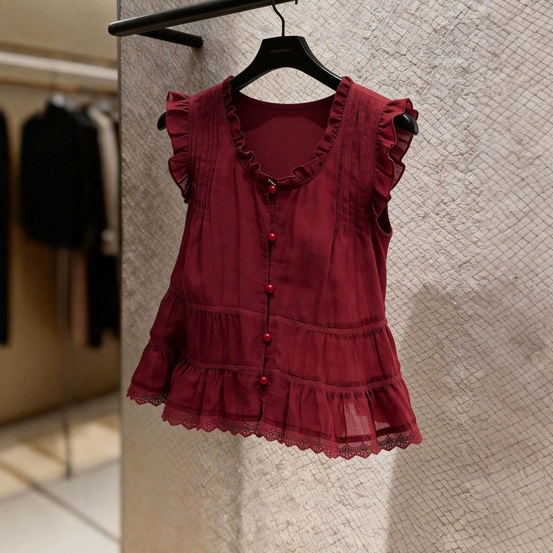 New Fashionable Sweet Style Lace-Trimmed Small Flutter Sleeve Top for Women in Red, Slimming and Versatile Shirt New Fashionable Sweet Style Lace-Trimmed Small Flutter Sleeve Top for Women in Red, Slimming and Versatile Shirt