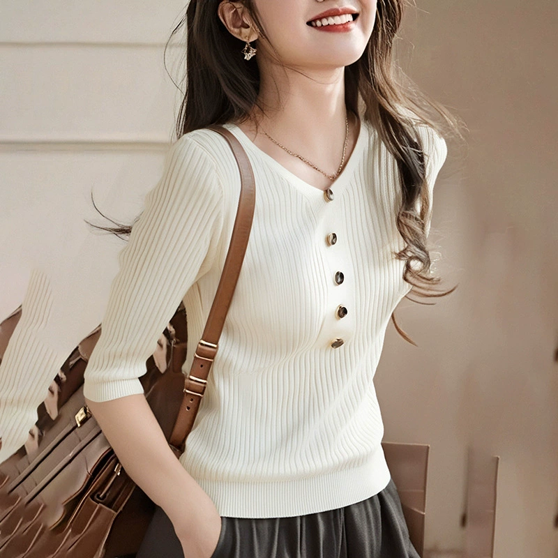 2025 весна и лето с рукавами вязаный свитер с V-образным вырезом