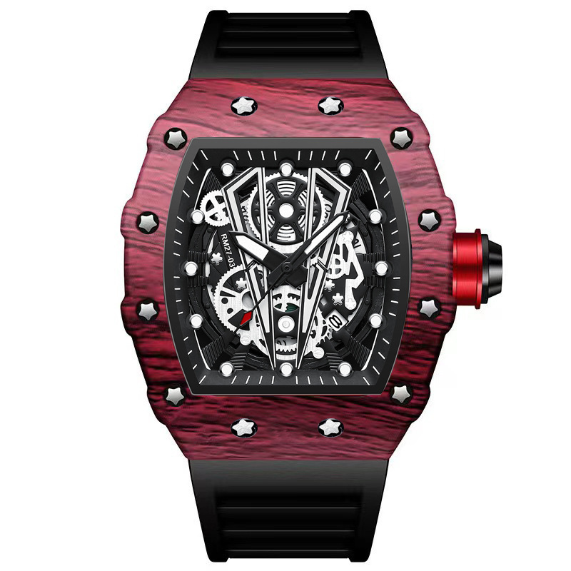 Reloj de Cuarzo Deportivo Tipo Tonel para Hombre de Silicona y Metal Diseño Calado, Impermeable 30m, Luminoso para Uso Deportivo y Casual