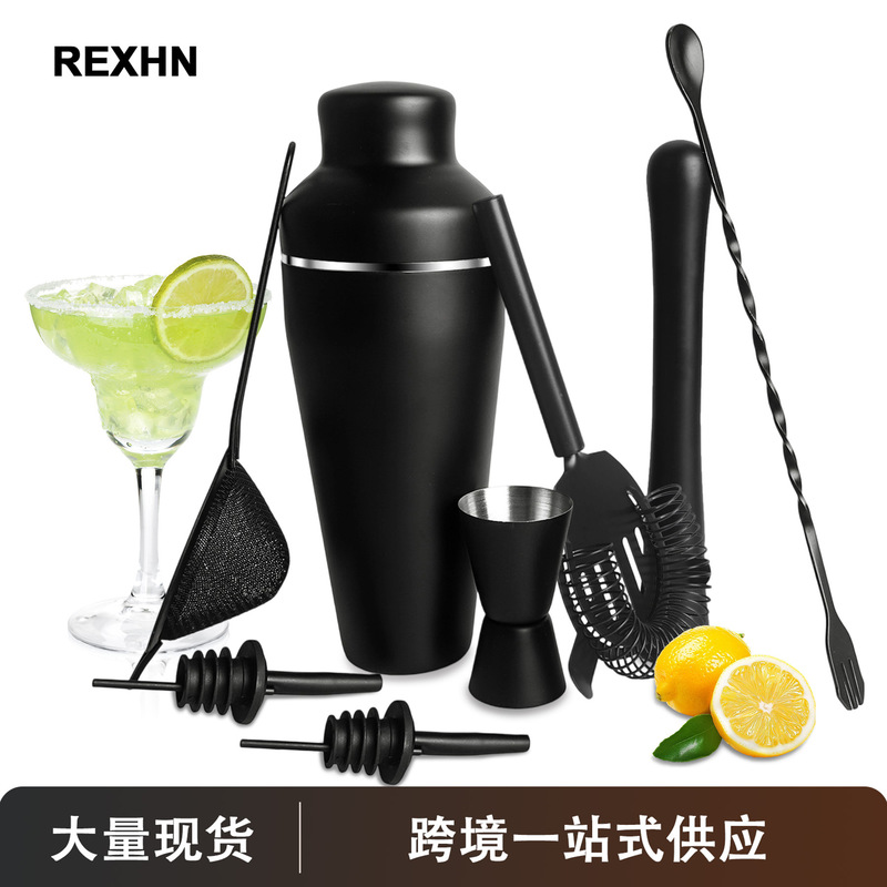 Cross-Border Wine Set Popular Stainless Steel Matte Black Cocktail Shaker 8-Piece Cocktail Bartender Full Tool Set