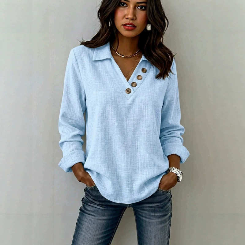 shein2026 Loose V-neck Buttoned Patchwork Long Sleeve T-shirt for Women, Casual Commuting, Solid Color, Stylish Design shein2026 Loose V-neck Buttoned Patchwork Long Sleeve T-shirt for Women, Casual Commuting, Solid Color, Stylish Design