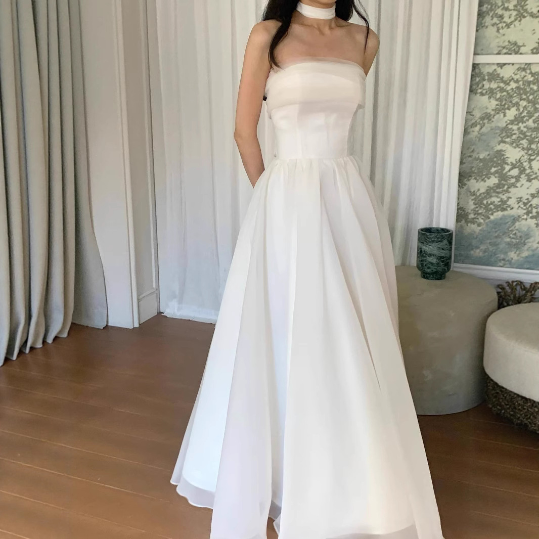 Korean Light Wedding Dress, Satin Organza, Simple Tube Top, Niche High-End Long Skirt, Beautiful Banquet Style Evening Dress