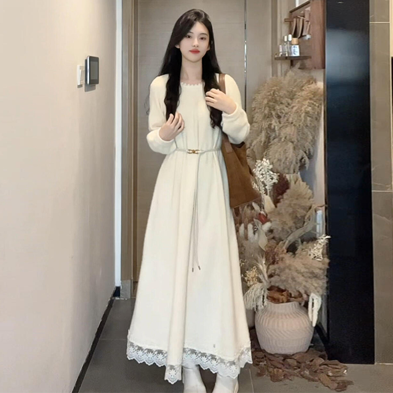 蓝色蕾丝连衣裙子女2025新款早秋季法式气质高级感别致绝美长裙|undefined
