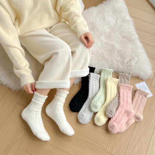 Plush Socks for Women, Mid-Calf Ins Style, Autumn/Winter Fleece-Lined & Thickened, Retro Cable-Knit Design, Colorful Australian Wool Long Socks for Sleep & Warmth