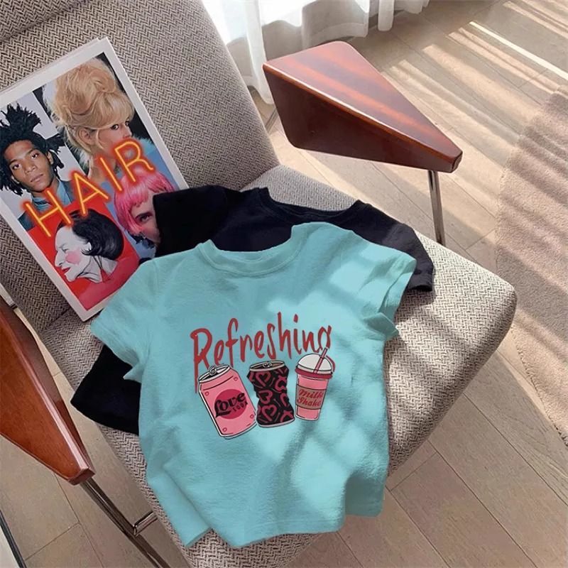 2026 New Summer Lake Blue Pure Cotton Short-Sleeved T-Shirt for Women, American-Style Letter Trendy Brand, Regular Shoulder, Slim-Fit Short Top