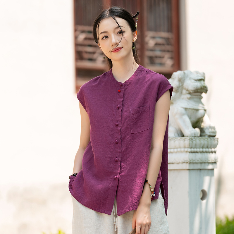 Mentally Repeat the Original Cotton and Linen Retro Zen Button-Up Top Women's Stand-Up Collar Vest Sleeveless Shirt Summer Style