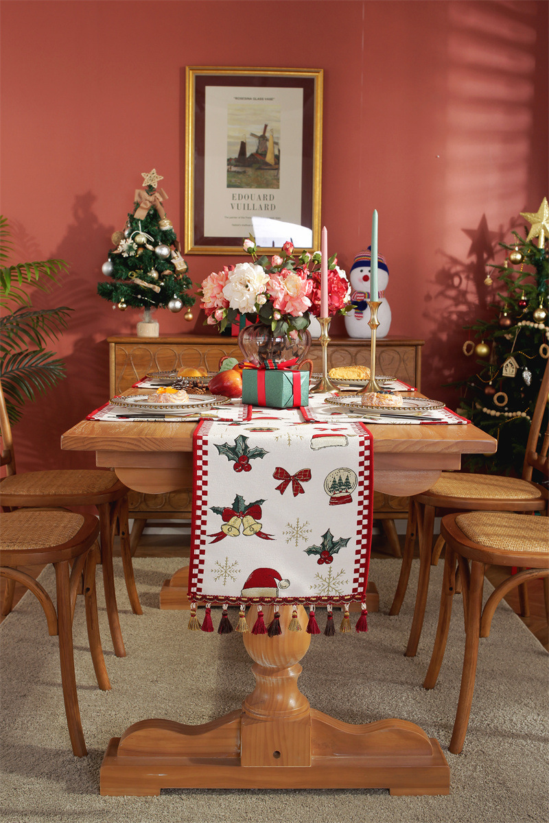Julbordsflagga garnfärgad jacquard snöflinga Julhatt tofs bordsduk dekoration sängbordsflagga överdrag_voghion.com