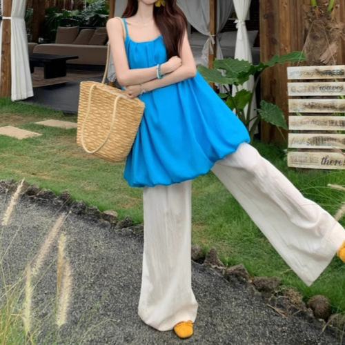 Korean-Style New Fashion Set Blue Pleated Tank Top and Loose Trousers Two-Piece Set for Women Summer Flowy Casual Pants