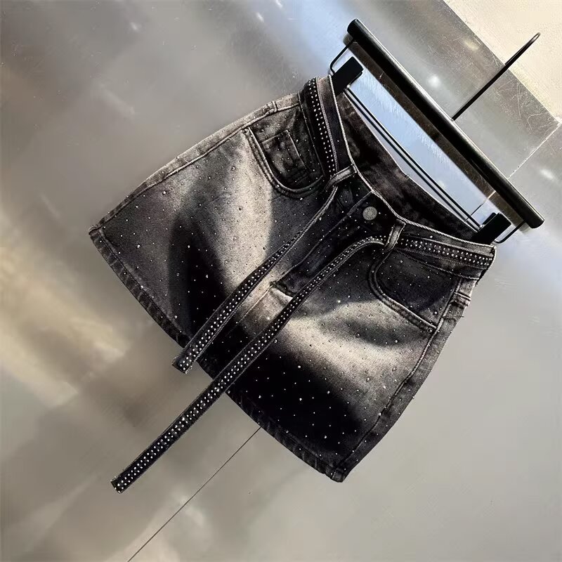 Retro-Denim-Midirock mit Farbverlauf und Strasssteinen in Übergröße, hochtailliert, figurbetonend, A-Linien-Minirock für Damen, neuer Sommerstil_voghion.com