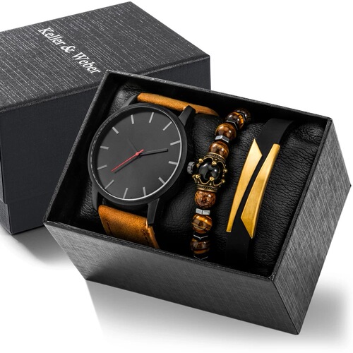 Men's simple, fashionable and casual men's belt quartz watch + crown tiger eye bracelet + titanium alloy bracelet set