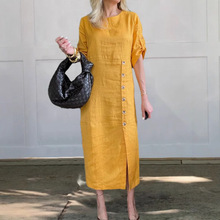 2025现货跨境外贸欧美女装纯色圆领短袖纽扣开叉中长款休闲连衣裙
