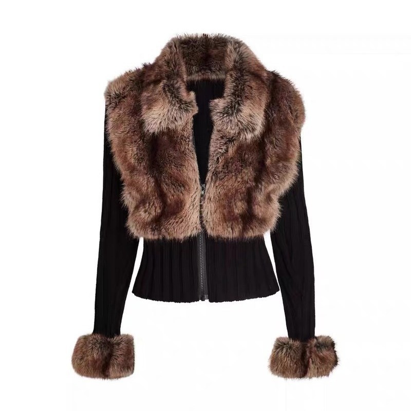 Dámské oblečení Furry Winter New Ekologicky šetrné plyšové klopě zip tenký kožešinový kabát pro ženy_voghion.com