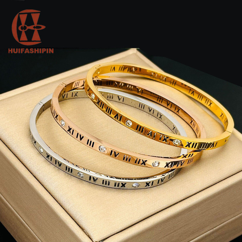 Cross-Border New Roman Numeral Diamond-Encrusted Titanium Steel Bracelet, Fashionable and Versatile, Non-Fading Bracelet, Can Be Customized from the Source Factory