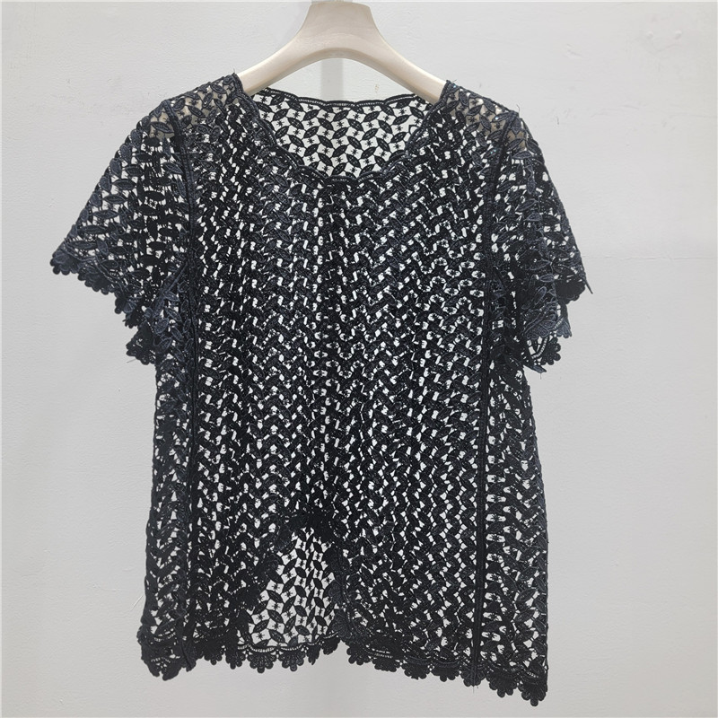 Camiseta de mangas cortas de encaje hueco irregular, camiseta de mujer, gran tamaño de verano, gorda mm, delgada y hermosa camiseta única