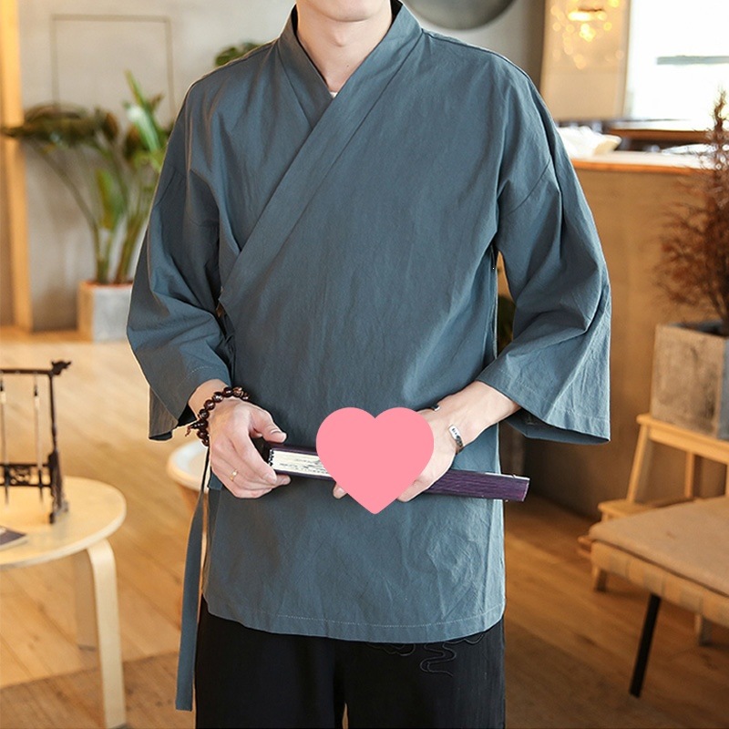 Men's ancient costume, three-quarter sleeve Hanfu, side opening, Chinese style Taoist robe, Zen-inspired, traditional, simple, pastoral, hermit-style cultural coat