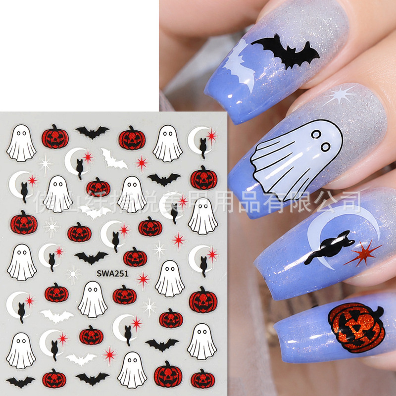 Cross-Border Halloween Nail Art Stickers Wholesale Ins Glitter Pink Pumpkin Ghost Spider Web Centipede Nail Decals